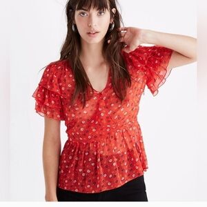 Madewell Tiered _Sleeve  Peplum Top in Metallic Prairie Posies color Size 2